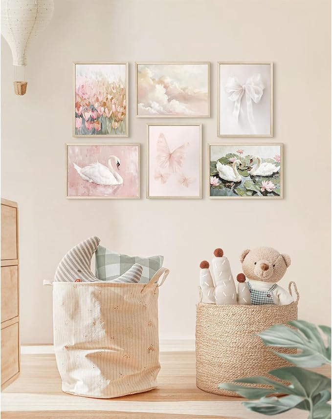Coquette Pink Wall Art Decor Aesthetic Swan Posters Bow Flower Canvas Wall Art Preppy Cute Pictures Trendy Butterfly Posters Coquette Aesthetic Prints for Girl Dorm Bedroom 8x10x6 Inch Wood Framed