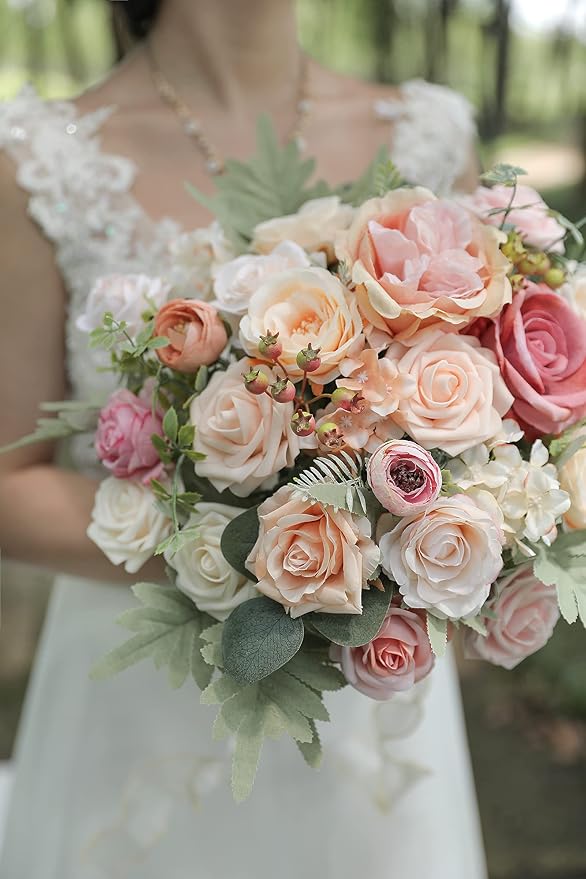 rongflower Artificial Flowers Combo Box Set Champagne Pink Fake Flower Leaves Box with Stems for DIY Wedding Bouquets Centerpieces Arrangements Bridal Shower Party Home Decorations