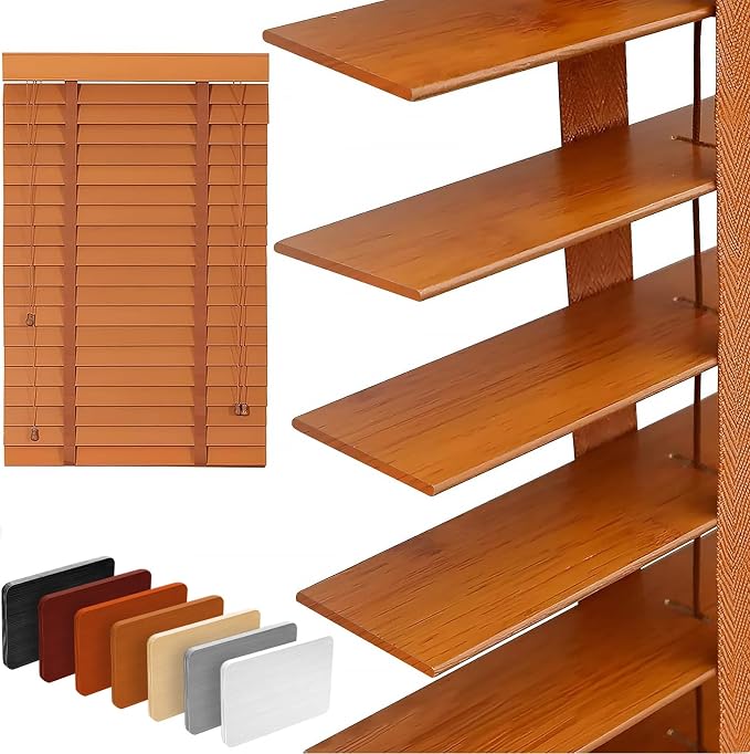 2" Slats Wood Blinds for Indoor Windows: Solid Wooden Blackout Blinds & Shades,Black Out Privacy Horizontal Blinds for Home Bedroom Bathroom Living Room Windows and Doors Light Brown