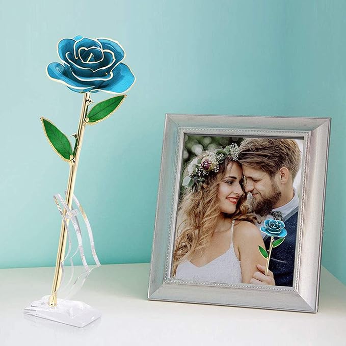 Blue Rose with Stand, Forever Preserved Gold Dipped Rose Flower for Wife Mother Girlfriend, Blue Rose with Stand