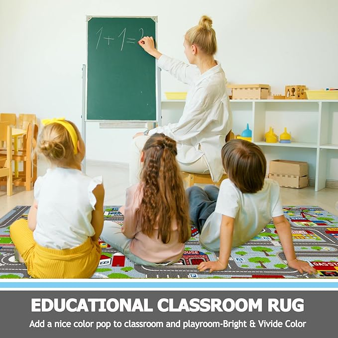 Capslpad Sky Blue Car Road Kid Rug Carpet Playmat for Playoom Traffic Road Kids Play Mat for Toddler Non Slip Washable City Map Race Track Carpet Rug for Kids Room Playroom Classroom Decor,6.6'x9.8'