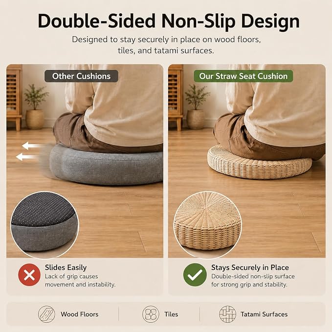 Round Tatami Floor Pillow, Handwoven Straw Cushion, Dia: 15.7" | Natural, Eco-friendly, Lightweight, Anti-Slip, Breathable, for Apartment Living Room Meditation Patio Outdoor Window Seat