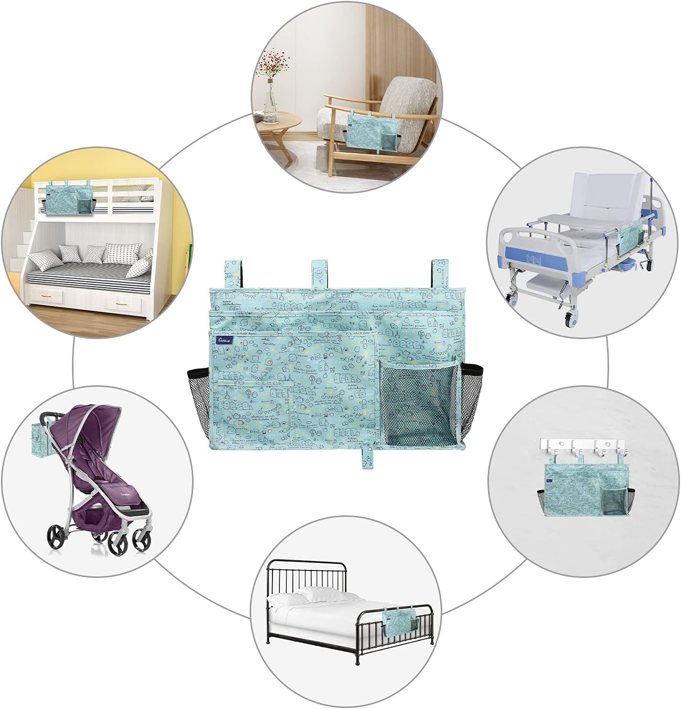 Surblue Bedside Caddy Hanging Bed Organizer Storage Bag Pocket for Bunk and Hospital Beds, College Dorm Rooms Baby Bed Rails, Camp 8 Pockets, (Large, Cartoon)