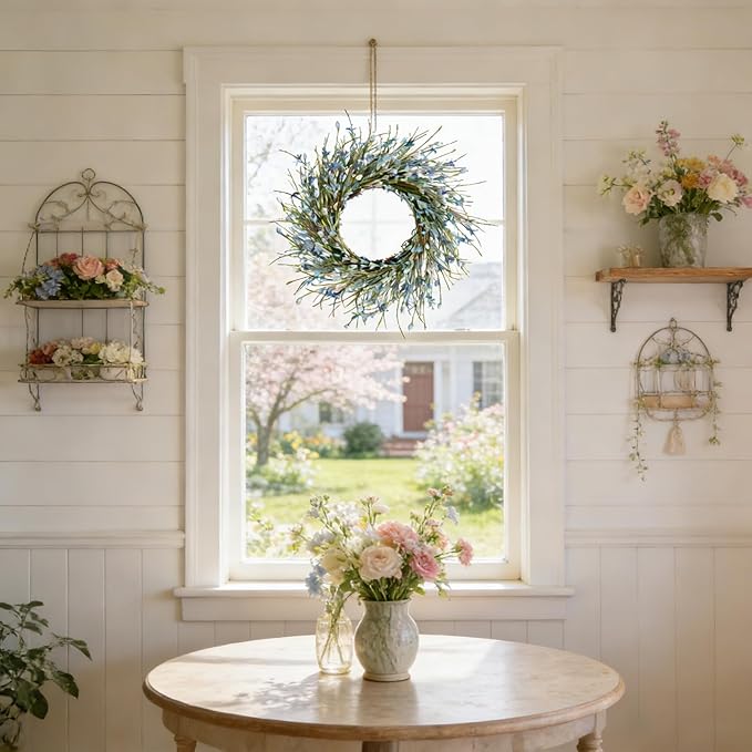 Bibelot 20inch Artificial Forsythia Flower Wreath, All Year Around Wreath for Front Door, Wedding Window Home Wall Indoor Front Door Decor (Blue, 20in)