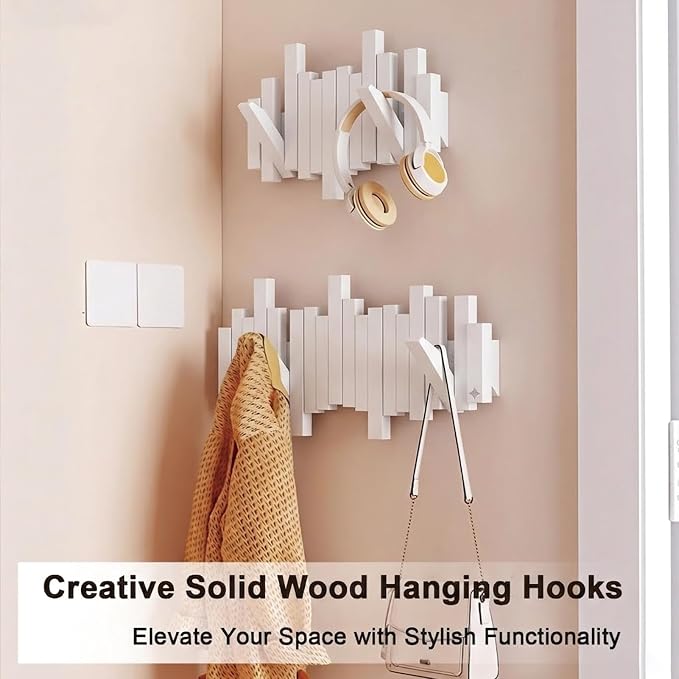 Modern Wooden Coat Rack, key holder wall mount– Handmade Solid Walnut Flip Hook Rack with Hidden Mount, Decorative Entryway Wall Hooks for Coats, Bags & Hats, Space-Saving Design (White, 3Hooks)