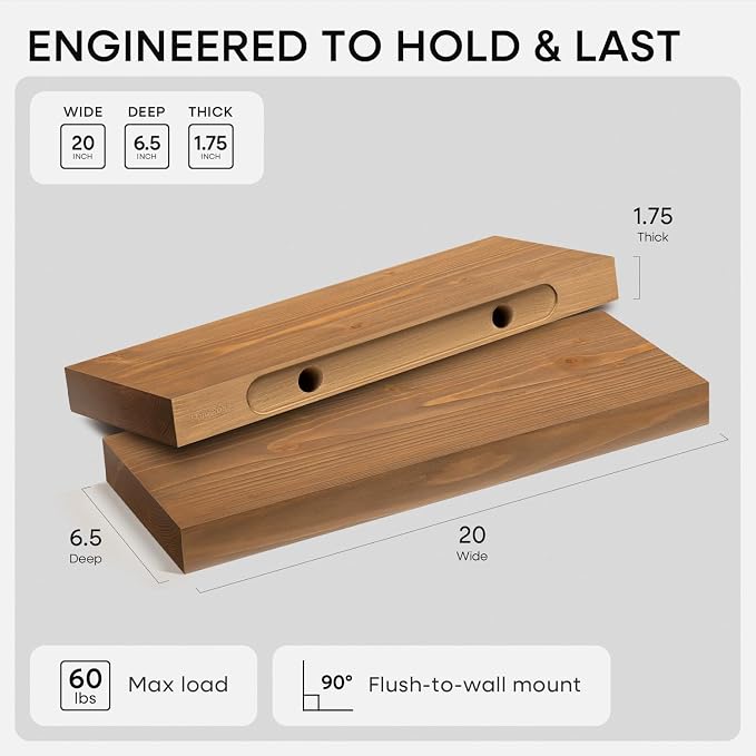 Homeforia 20 inch Golden Oak Floating Shelf, High End Solid Real Wood 20inch Small Floating Shelves for Wall Mounted, Oak Wooden 20in Floating Shelves, Heavy Duty Bracket, 20 X 6.5 X 1.75 in, Set of 2
