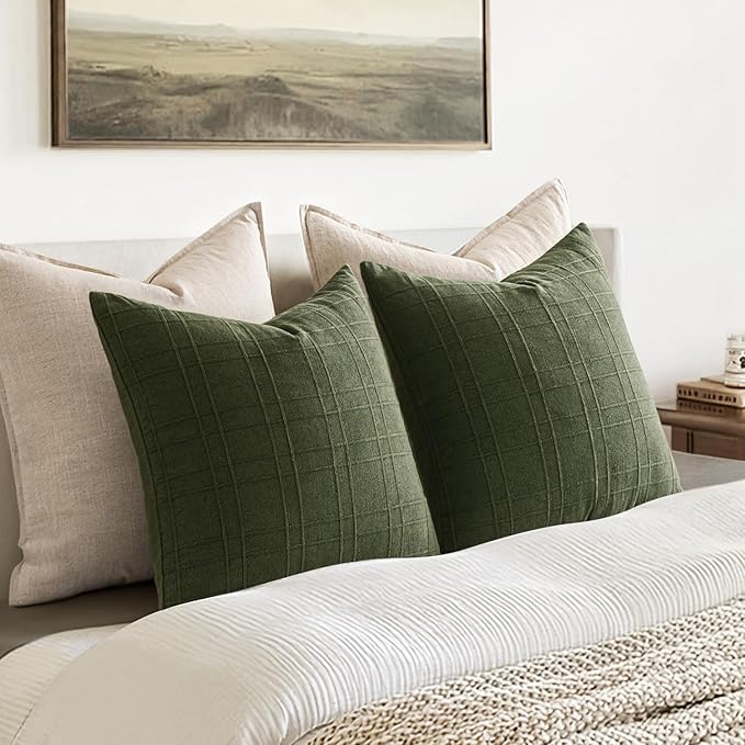 MIULEE Decorative Linen Check Throw Pillow Covers Neutral Farmhouse Vintage Spring Pillow Covers 18x18 Set of 2 Boho Modern Home Decor for Sofa Couch Bedroom Cushion Dark Olive Green