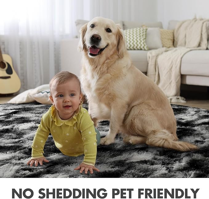 8x10 Ft Extra Large Shag Rugs for Living Room, Tie Dyed Ultra Soft Fluffy Furry Area Rugs for Bedroom Indoor Floor, Aesthetic Carpet for Kids Home Decor (Black Grey)