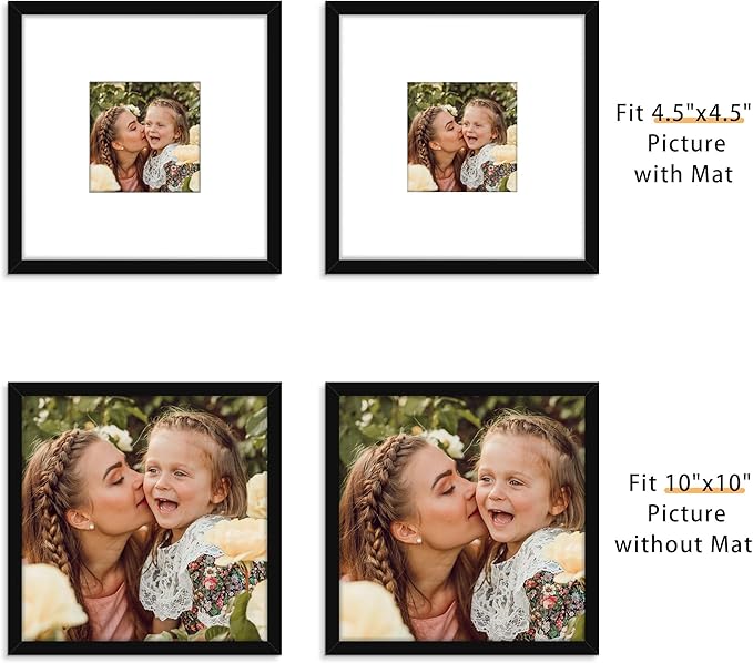 Picrit 10x10 Picture Frame Set of 12, Display 5x5 with Mat or 10x10 without Mat, Photo Frames for Wall Mounting Display, Black