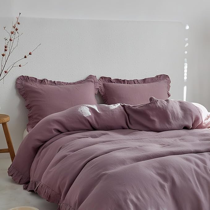 Simple&Opulence 100% Linen Duvet Cover Set, 3 PCS Natural French Flax Purple Ruffle Duvet Cover Queen Size, Breathable Comfy Linen Bedding Comforter Cover with 2 Pillowcases (Purple, 88" X 92")