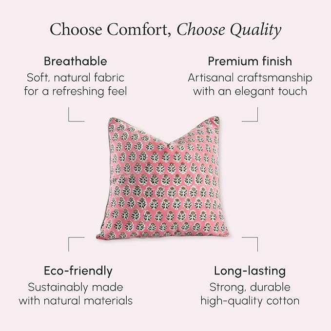CPC 100% Cotton Throw Pillow Covers 20x20 Inch, Set of 2 Green Block Print Pattern Couch Pillow, Cute Boho Decorative Pillows for Living Room, Bedroom with Hidden Zipper- Poppy Pink