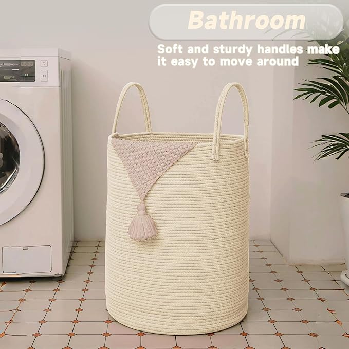 JMvicyroam Large Woven Laundry Basket Hamper,100L Cotton Rope Storage Bin for Blankets,Toys and Clothes,Decorative Tall Nursery Hamper for Living Room,Baby Nursery,Bathroom and Bedroom,Beige