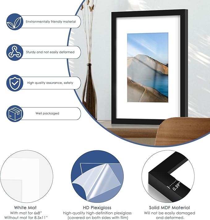PEALSN 11x17 Picture Frame Set of 6, Display Pictures 8x12 with Mat or 11 x 17 without Mat for Wall Mounting Display, Photo Frames Collage for Wall Decor, Black.