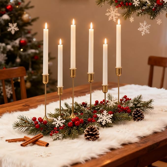 Brass Gold Candlestick Holders Set of 6, Metal Taper Candle Stick Holder | Vintage Modern Candle Holder Decor for Table Centerpiece, Fireplace Mantel Wedding Housewarming Gift, Candlelit Dinner Décor