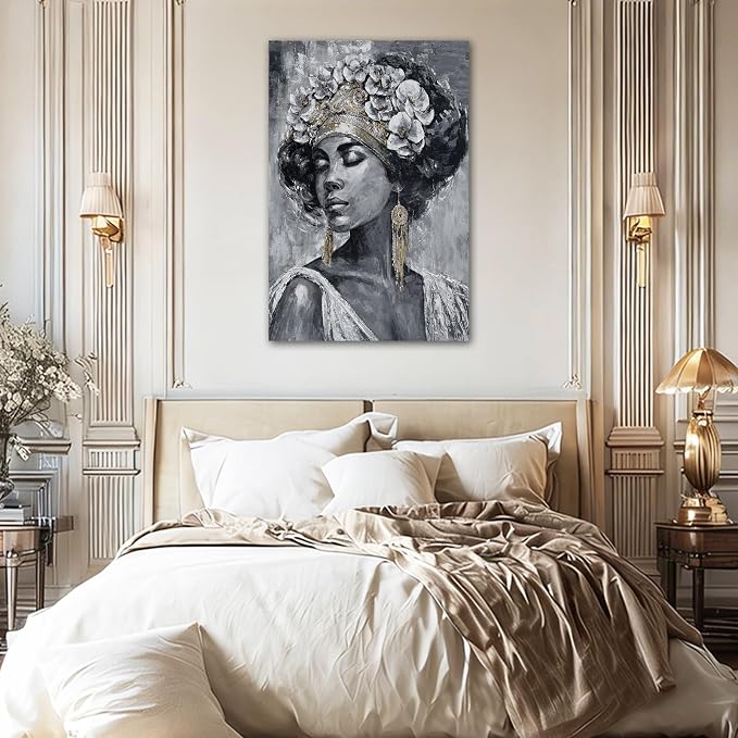 ZUNARE Vertical Ethnic Woman Wall Art Grey Gold Abstract Figure Canvas Painting Contemporary Cultural Artwork for Living Room Hallway Office 32x48inch