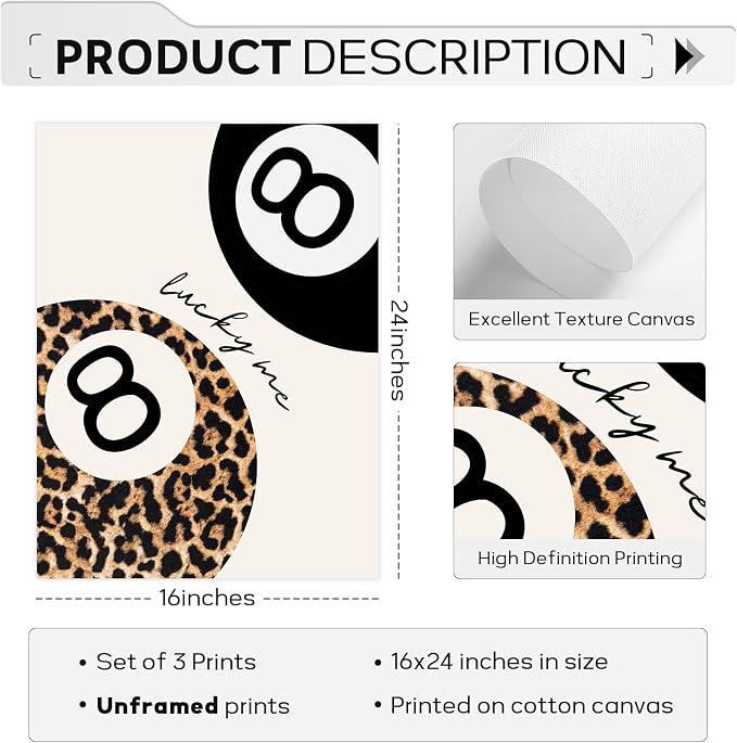 Leopard Wall Art Cheetah Canvas Prints Lucky 8 Ball Wall Decor Aesthetic Poster Fashion Leopard Pictures Trendy Lucky Me Painting Preppy Artwork for Living Room Bedroom 16x24 Inch Unframed Set of 3