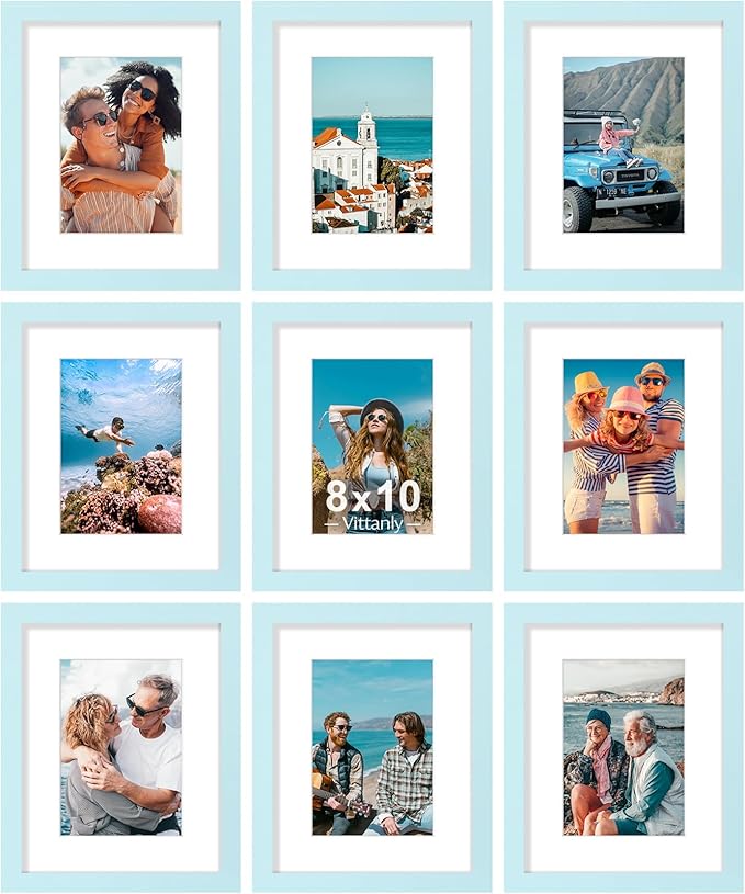 Vittanly 8x10 Picture Frames Set of 9, Shatter Resistant Plexiglass, Display 5x7 Pictures with Mat or 8x10 without Mat, Photo Frames for Wall or Tabletop, Engineered Wood, Light Blue