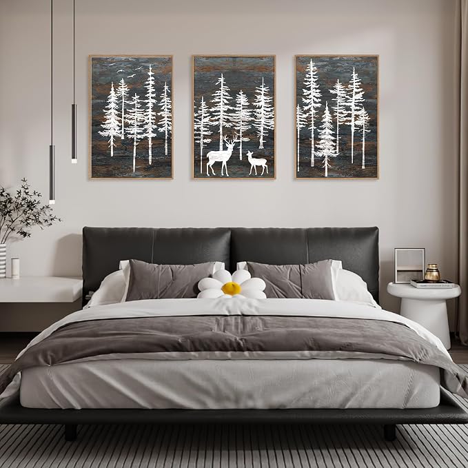 Modern White Forest Framed Canvas Wall Art Set, Minimalist Woodland Art Painting, Retro Tree Landscape Wall Decor, Wildland Deer Artwork for Living Room, Dining Room, Office-16 x24 x3