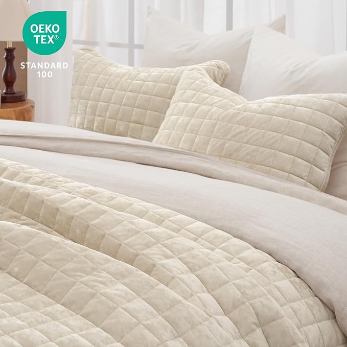 PHF Luxurious Velvet Quilt Set Queen Size – 3PCS Super Soft Quilted Comforter Alternative with Square-Box Quilt Pattern, Warm Quilted Bedspread Coverlet, 90" x 92", Sand
