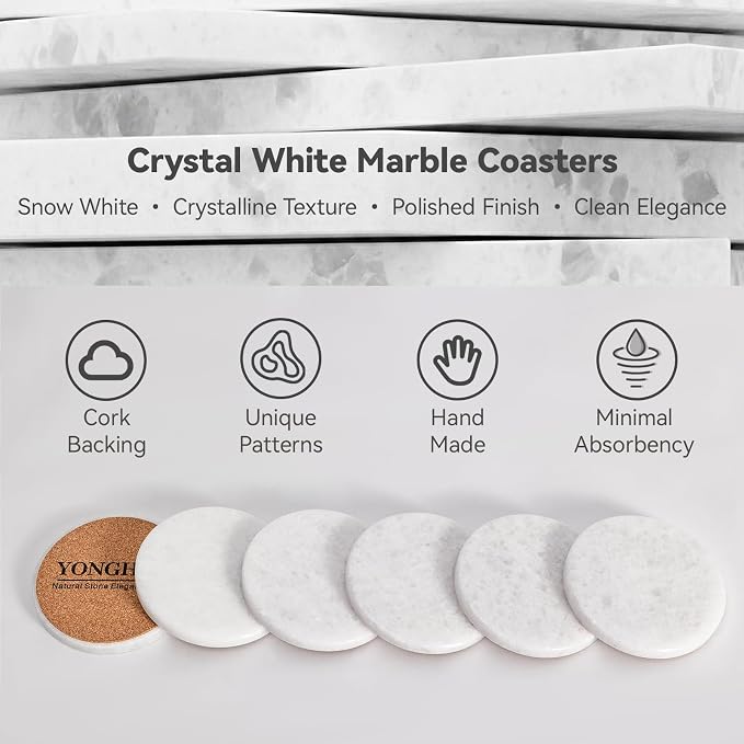 Pure White Marble Coasters Set of 6, Elegant ICY Crystal Coasters for Coffee Table, 4" Round Polished White Stone Coaster with Sparkling Texture – Heat Resistant, Non-Slip, Housewarming Gift