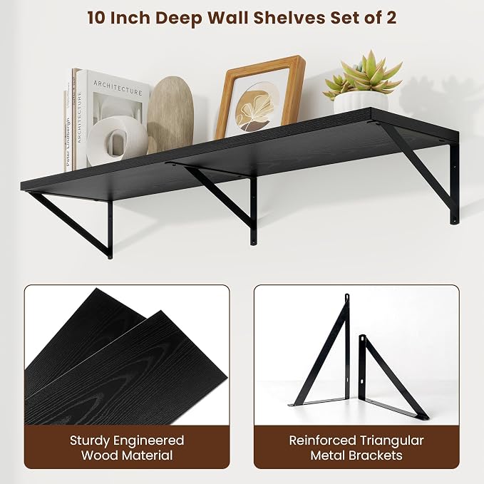 Axeman Deep Floating Shelves | 40 Inch Black Wall Shelves Set of 2 | 10 Inch Deep Rustic Wood Shelves for Wall | 40'' W x 10''D Black Shelves for Living Room Bathroom Kitchen