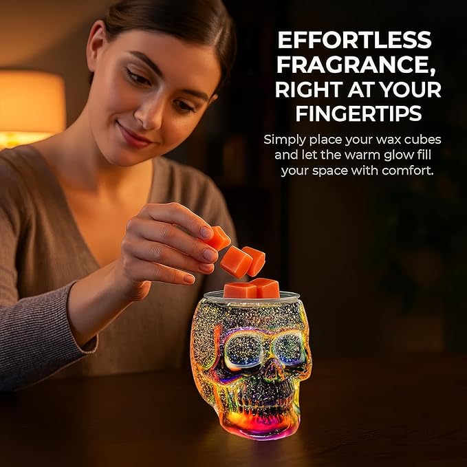 Wax Melt Warmer with Timer, Wax Warmer for Scented Wax with Light Bulb, Electric Skull Wax Burner, Halloween Fragrance Wax Melter for Home and Gifts (Rainbow Skull with Timer)