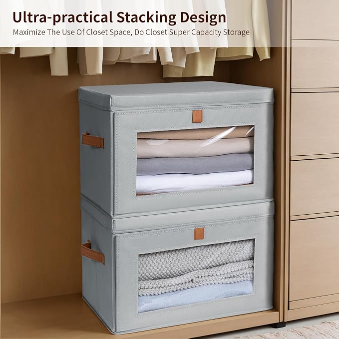 Homsorout Large Storage Bins with Lids - Fabric Collapsible Closet Storage Organizer with Window & Handles, Stackable Decorative Storage Boxes for Clothes, Blankets, Sweaters, 6 Pack, Grey