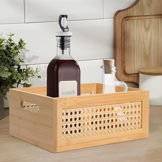 Wooden Storage Basket Set of 2 Handmade Rattan Drawer Storage Box with Frame & Handles Decorative Natural Bamboo Woven Bins Rustic Farmhouse Decor Home Office Tabletop Shelf Organizer, NAtural