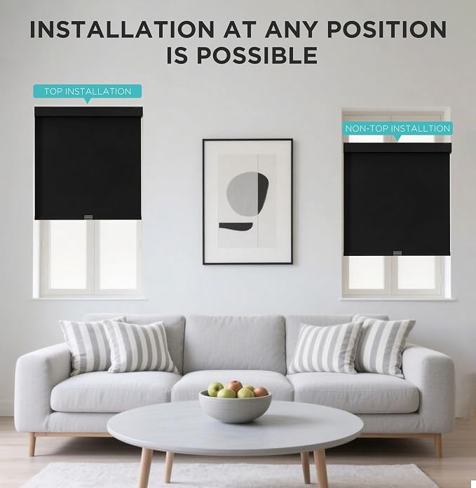 Joydeco No Drill Blackout Shades, Free-Stop Cordless Roller Shades, UV Protection, Thermal Insulated Blinds for Indoor Windows, Easy Install Window Blinds for Home and Office (Black, 28" W X 75" H)