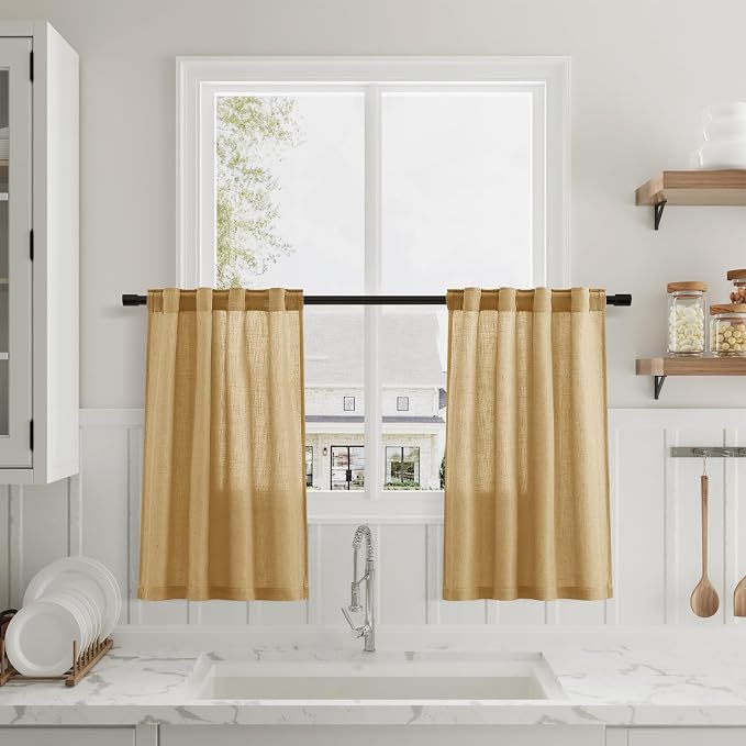 Gold Yellow Cafe Curtains 30 Inch Length Linen Privacy Light Filtering Pleated Short Curtain Rod Pocket Back Tab Design Shabby Chic Kitchen for Bathroom Laundry Room Small Window 2 Panels 26Wx30L