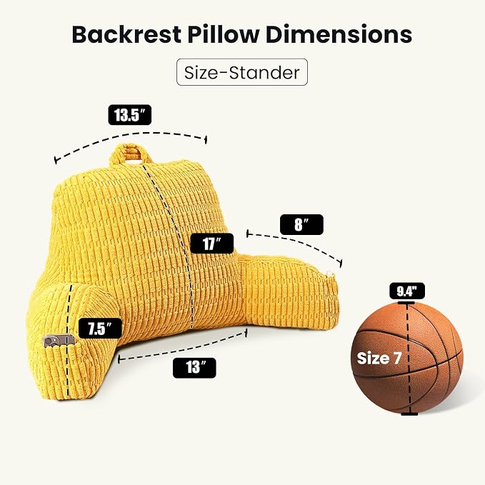 Reading Pillow for Sitting in Bed with Arm,Yellow Corduroy,M | Sitting Pillow for Teens Back Support,17" Backrest Pillow Supports Reading,Gaming & Relaxing in Bed,Couch,Floor