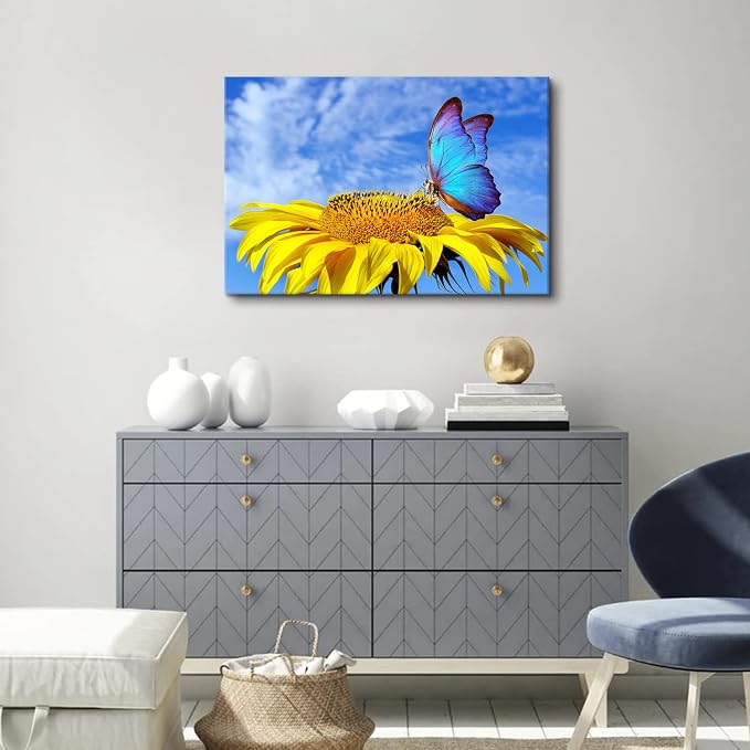 Sunflower Wall Art Bathroom Decor Blue Butterfly Canvas Pictures for Bedroom Sunflower Wall Decor Floral Posters Living Room Kitchen Home Decoration Yellow Sunshine Flower Painting Modern Artwork 20x30"