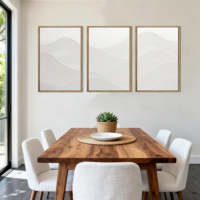 Anyzal Large White Textured Framed Wall Art 16x24 Inch Neutral Abstract Modern Canvas Wall Decor Gray Minimalist Ocean Waves Artwork for Living Room Bedroom Office Set of 3