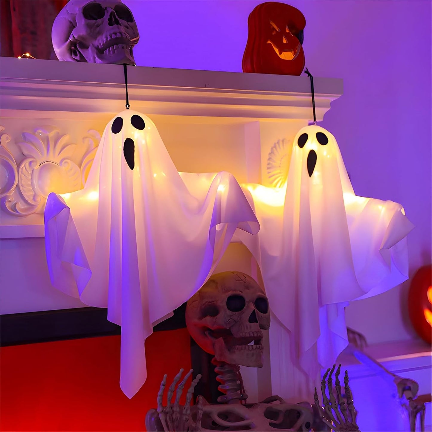 Halloween Light-up Ghost Decorations,Halloween Hanging Flying Ghosts with String Lights,Battery Operated Light up Spooky Ghosts Ornaments for Front Yard, Patio, Lawn, Garden, Party, 19.6 Inch, 2 Pack