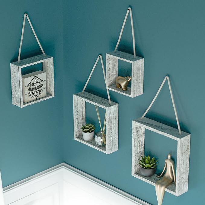 J JACKCUBE DESIGN Floating Hanging Square Shelves Wall Mounted Rustic Wood Cube Display Shelf Shadow Boxes Decorative Boho Home Décor for Living Room, Bedroom, Office, Set of 4 (White) - MK571C