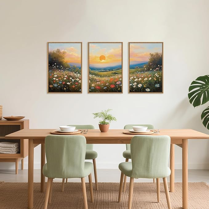 HOURIA Watercolor Spring Floral Meadow Landscape Framed Canvas Wall Art Set,Boho Vibrant Colorful Wildflower Decor,Modern Sunset Nature Inspired Scenery Artwork for Living Room,Bedroom,Farmhouse-16"x24"x3