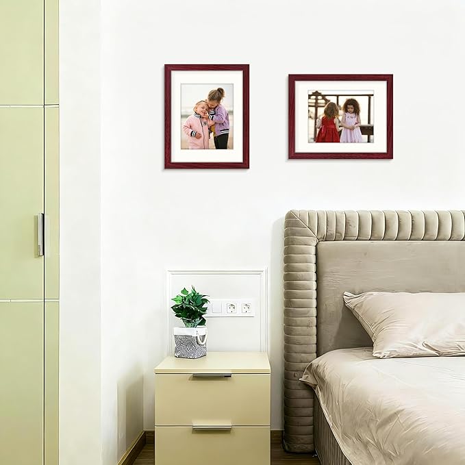 Picrit 11x14 Picture Frame Set of 12, Display 8x10 with Mat or 11x14 without Mat, Photo Frames for Wall Mounting or Table Top Display, Dark Red Wood