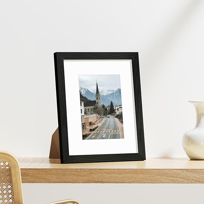 Vittanly 8x10 Picture Frames Set of 9, Display 5x7 Pictures with Mat or 8x10 without Mat, Photo Frames for Wall or Tabletop with Plexiglass, Engineered Wood, Black&Grey&White
