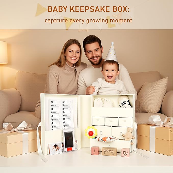 Baby Keepsake Box,Newborn Keepsake Box,Large Baby Memory Box with 8 Additional Items for Baby Shower,Pregnancy, Mother’s Day（beige）