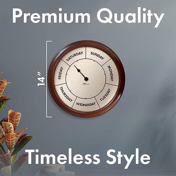 Large Day of The Week Wall Clock with 14” Solid Pine Wood Frame – High Visibility – Ideal Retirement Gift for Men and Women, Day Clock for Seniors and Retirees