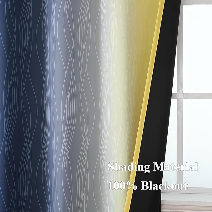 Estelar Textiler Navy Blue and Yellow Blackout Curtains 54 Inch Length, Full Light Blocking Gradient Grommet Drapes for Living Room, Thermal Insulated Ombre Curtains for Bathroom,52Wx54L,2 Panels