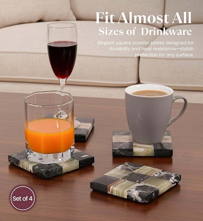 Marble Coasters Set of 4, Zebra Black & Green Handmade 4 inch Square Natural Marble Coaster, Elegant Drink Checkered Coasters for Coffee Table, Stylish Bar Accessories & Home Décor