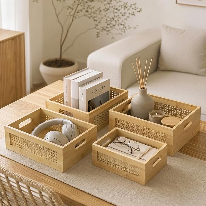 Wooden Storage Basket Set of 4 Handmade Rattan Drawer Storage Box with Frame & Handles Decorative Natural Bamboo Woven Bins Rustic Farmhouse Decor Home Office Tabletop Shelf Organizer, Natural