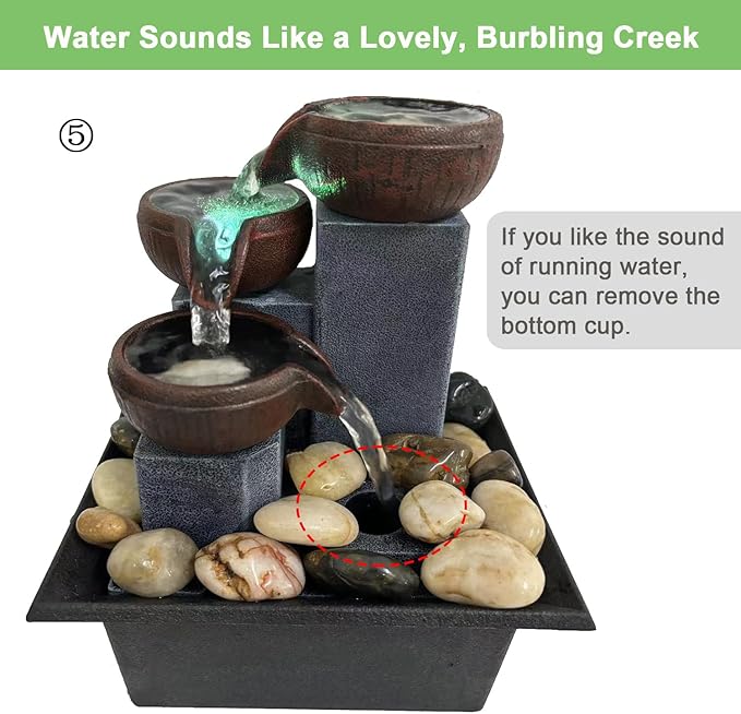 Small Indoor Relaxation Tabletop Fountain, Zen Meditation Waterfall Feature with Color LED Light & Natural Rocks, 4 Level Desk Waterfall for Home Office Bedroom Living Room Decoration (Style 1)