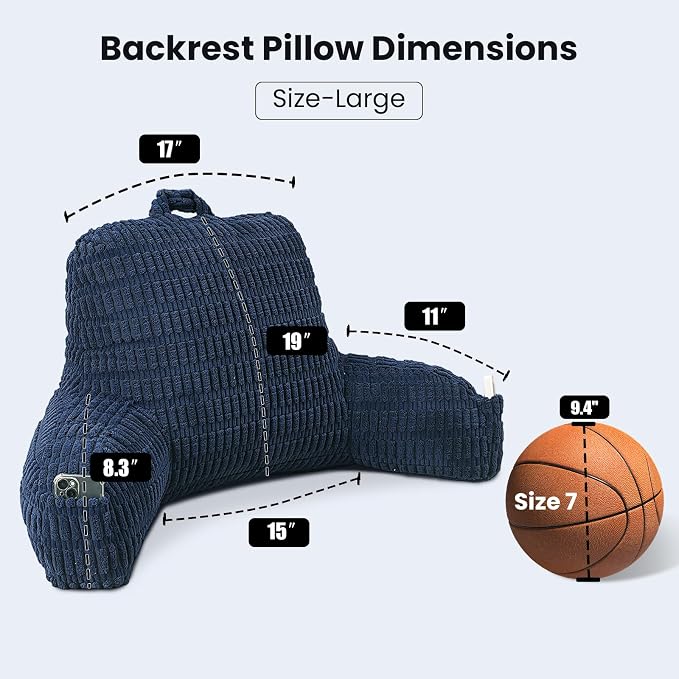 Large Reading Pillow for Sitting Up with Arms,Blue Corduroy | Back Pillow for Adults Backrest,19" Sitting Pillow Supports Reading,Gaming & Relaxing in Bed,Couch,Floor Corners