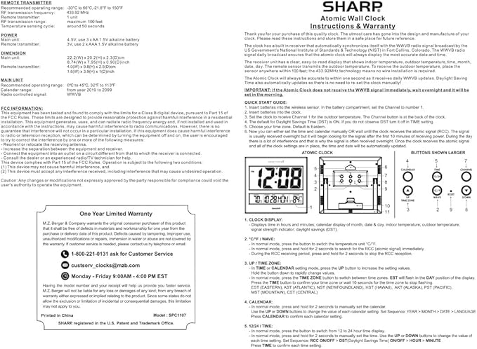 Sharp Atomic Clock – Never Needs Setting, Jumbo 3” Easy-Read Display, Indoor & Outdoor Temperature with Wireless Sensor, Large Digital Wall or Desk Clock, Battery Operated, Auto Atomic Time Sync