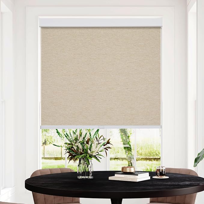 Persilux Free-Stop Cordless 100% Blackout Roller Blinds for Windows, Natural Woven Fabric UV Protection Privacy Thermal Insulated Roller Shades for Windows, Bedroom, Glass Door, Khaki 28" W x 72" H