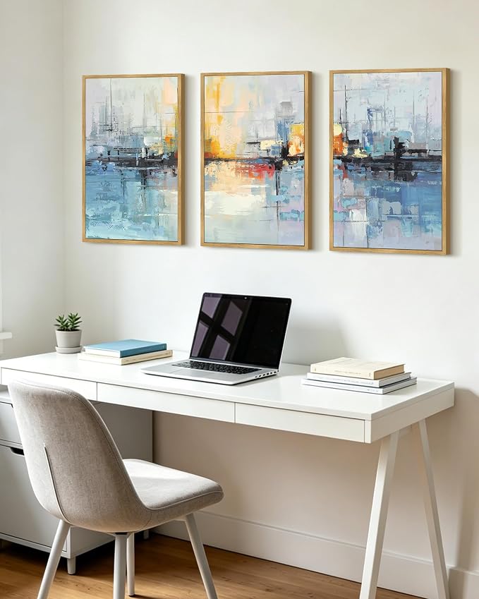 PHOPAGO Navy Blue Abstract Landscape Framed Wall Art Large 16x24in Graffiti Colorful Shape Wall Decor Modern Art Paints Laundry Living Room Decor - Natural Framed