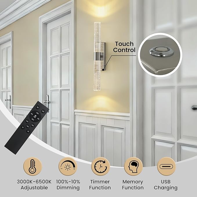 Battery Operated Wall Sconces Set of Two - Rechargeable Wireless Nickel Sconces with 12000mAh Remote Control Modern Crystal Wall Lights Cordless Wall Lamps for Bedroom Living Room Bathroom