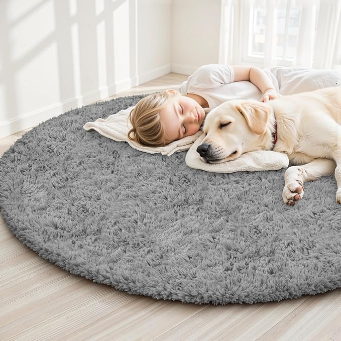 Light Gray Round Fluffy Rug 6ft Plush Fuzzy Shaggy Carpet,Soft Rugs for Living Room for Nursery,Preppy Dorm,Classroom,Playroom,Teen,Baby Home Decor (Light Gray 6"x6")